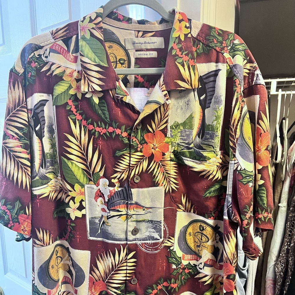 Tommy Bahama Christmas Santa silk button up